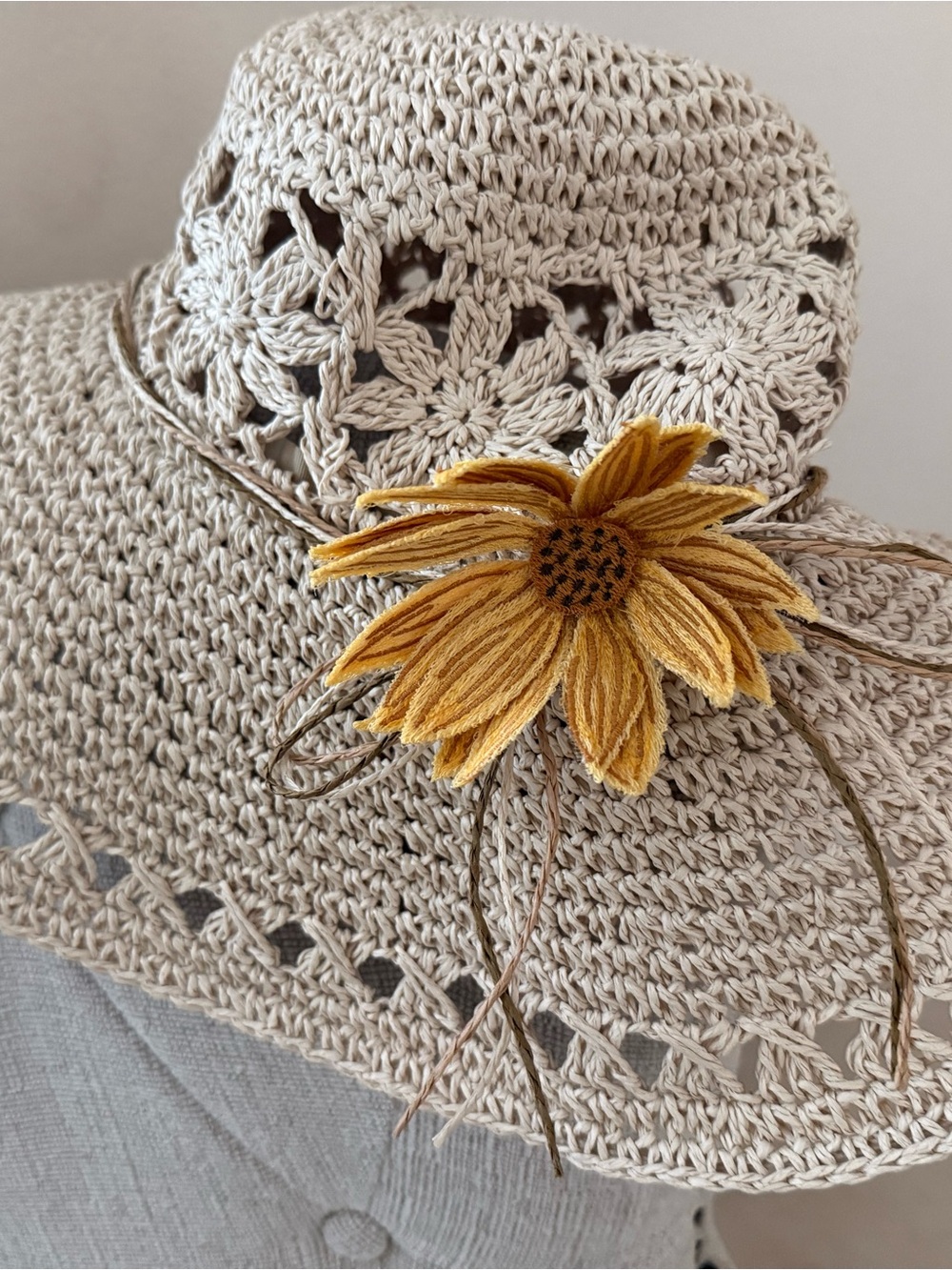 NWT Neutral Crochet Sun Hat with Yellow Flower Accent